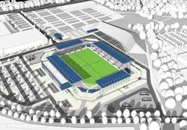 So könnte das neue Stadion an der Maastrichter Straße aussehen. Das Modell zeigt ein Basisstadion mit einer Kapazität von 7.500 Plätzen. Entwurf: AS + P