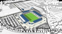 So könnte das neue Stadion an der Maastrichter Straße aussehen. Das Modell zeigt ein Basisstadion mit einer Kapazität von 7.500 Plätzen. Entwurf: AS + P