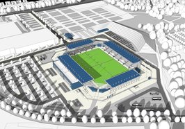 So könnte das neue Stadion an der Maastrichter Straße aussehen. Das Modell zeigt ein Basisstadion mit einer Kapazität von 7.500 Plätzen. Entwurf: AS + P