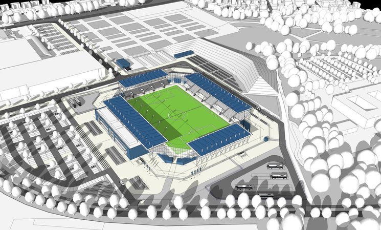 So könnte das neue Stadion an der Maastrichter Straße aussehen. Das Modell zeigt ein Basisstadion mit einer Kapazität von 7.500 Plätzen. Entwurf: AS + P