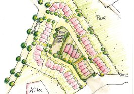 Leitplan: So könnte das Quartier ModellFlieger aussehen: Drei Reihen an Stadthäusern umgeben von Park und Kita und viel Grün. Zeichnung: Stadt Oldenburg