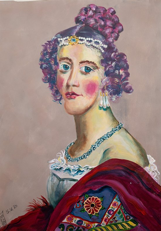 Bunte und überspitzte Darstellung einer Frau aus der Schönheitsgalerie im Schloss Nymphenburg von Gerlinde Domininghaus. Foto: Gerlinde Domininghaus