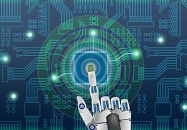 Digitalisierungssymbole: eine Roboterhand wählt ein Symbol an. Foto: Fotohansel/Fotolia.com