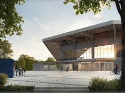 Diese Ansicht zeigt den Eingang Nord-Ost. Die verglasten Eckbereiche ermöglichen Einblicke ins Stadion. Quelle: Stadion Oldenburg GmbH & Co. KG