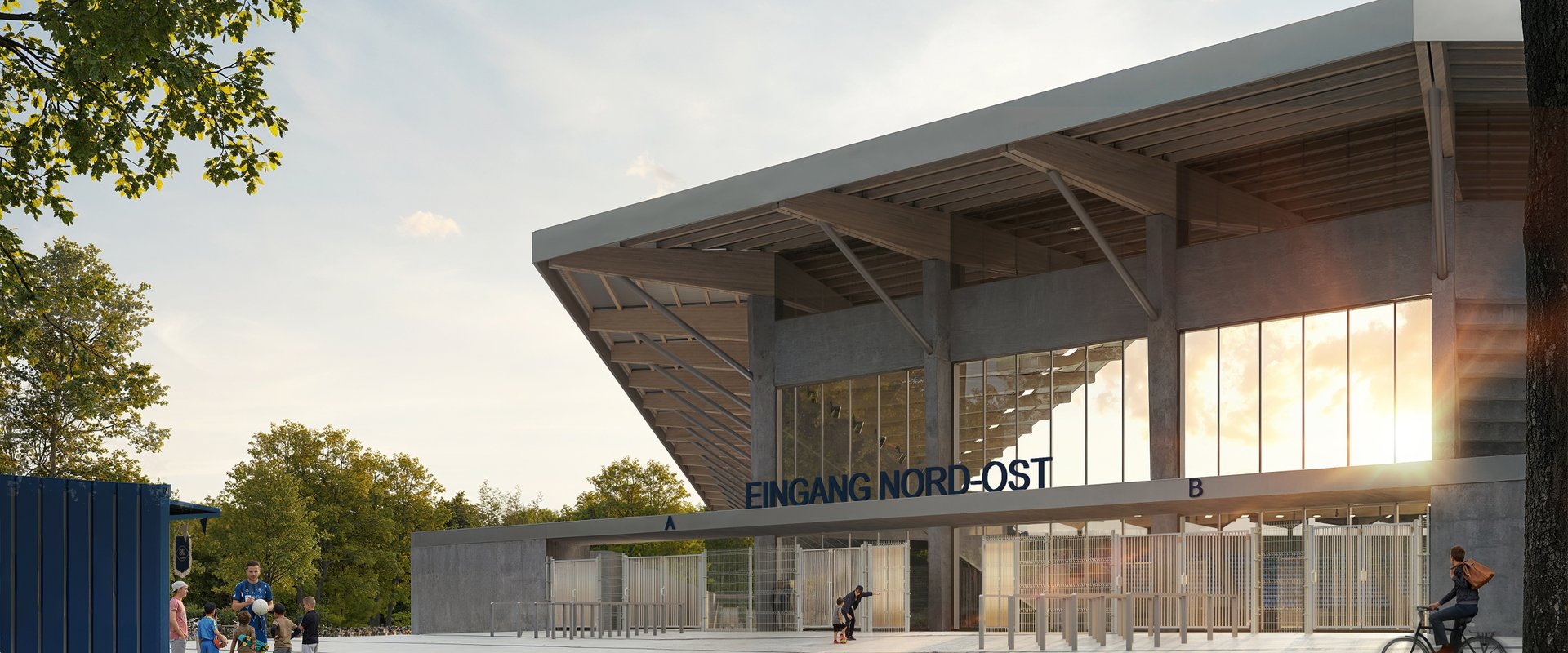 Diese Ansicht zeigt den Eingang Nord-Ost. Die verglasten Eckbereiche ermöglichen Einblicke ins Stadion. Quelle: Stadion Oldenburg GmbH & Co. KG