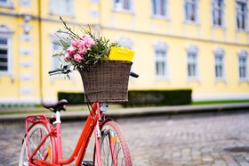 Rotes Fahrrad mit Blumen im Fahrradkorb vor dem Schloss. Foto: OTM