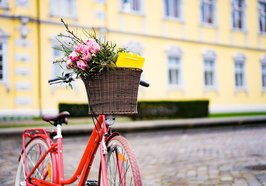 Rotes Fahrrad mit Blumen im Fahrradkorb vor dem Schloss. Foto: OTM