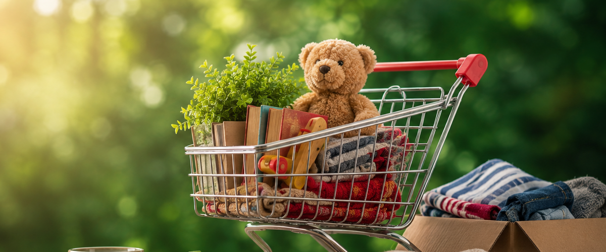 Ein mit gebrauchten Gegenständen gefüllter Einkaufswagen symbolisiert das Teilen, Weitergeben und Wiederverwenden von Alltagsgegenständen im Verschenkmarkt. Bild: KI-generiert durch die Stadt Oldenburg