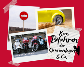 Collage. Kein Befahren der Grünflächen. Foto: canva