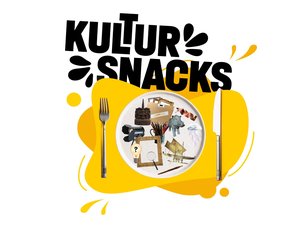 Teller mit kulturellen Elementen, Gabel, Messer und Schriftzug „Kultursnacks“. Foto: OTM Teller mit kulturellen Elementen, Gabel, Messer und Schriftzug „Kultursnacks“. Foto: OTM