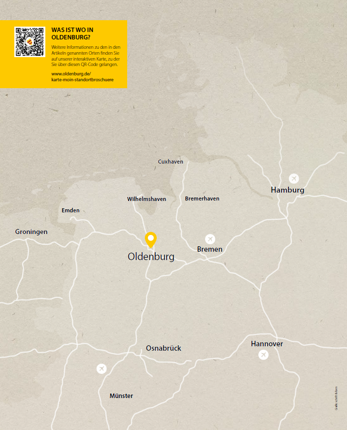 Verortung Oldenburgs in Deutschland und Europa unter Angabe von Autobahnen und internationalen Flughäfen. Quelle: schrift & form