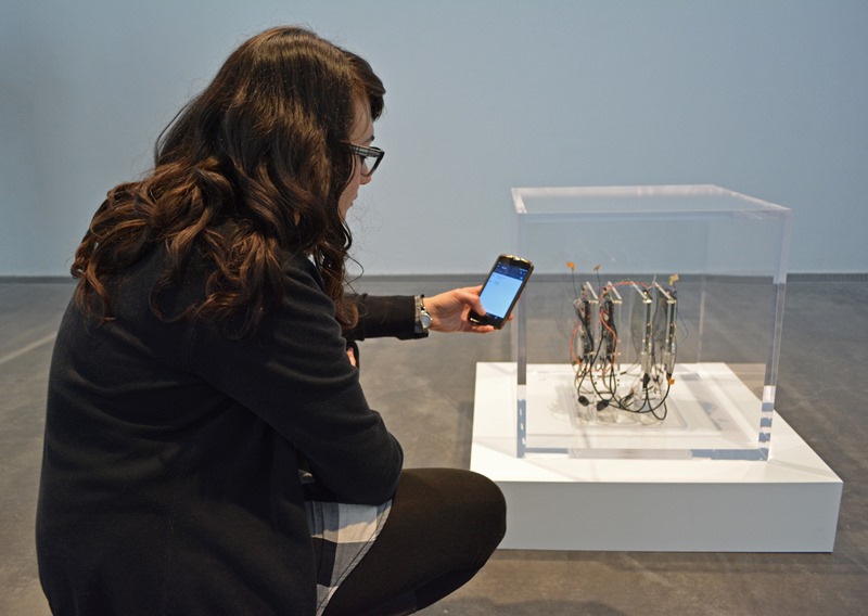 Besucherin loggt sich in den „Autonomy Cube“ von Trevor Paglen und Jacob Appelbaum ein. Foto: Haus für Medienkunst Oldenburg