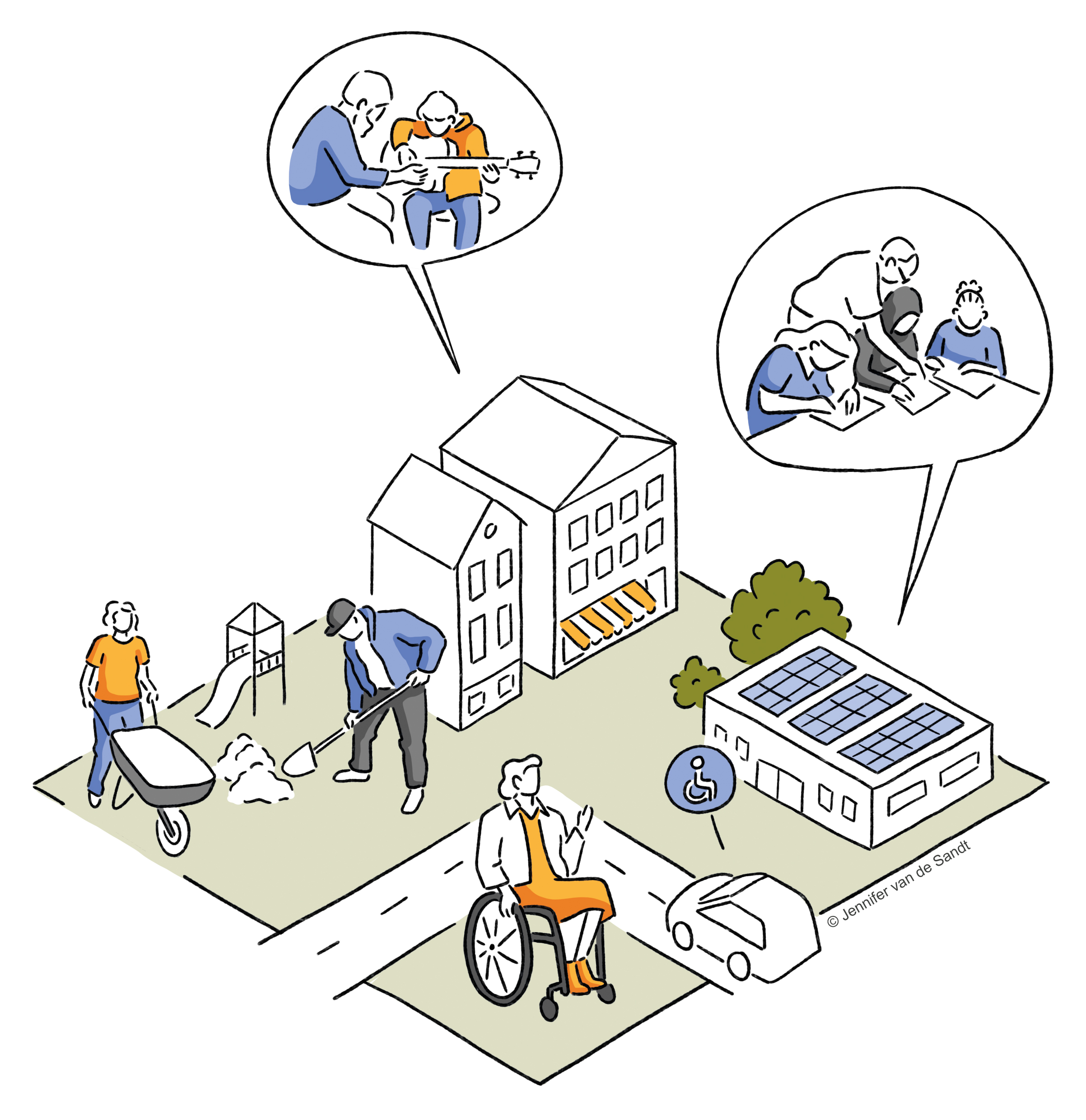 Illustration zum Thema Gelebte Wir-Kultur mit unterschiedlichen Bildelementen. Illustration: Jennifer van de Sandt