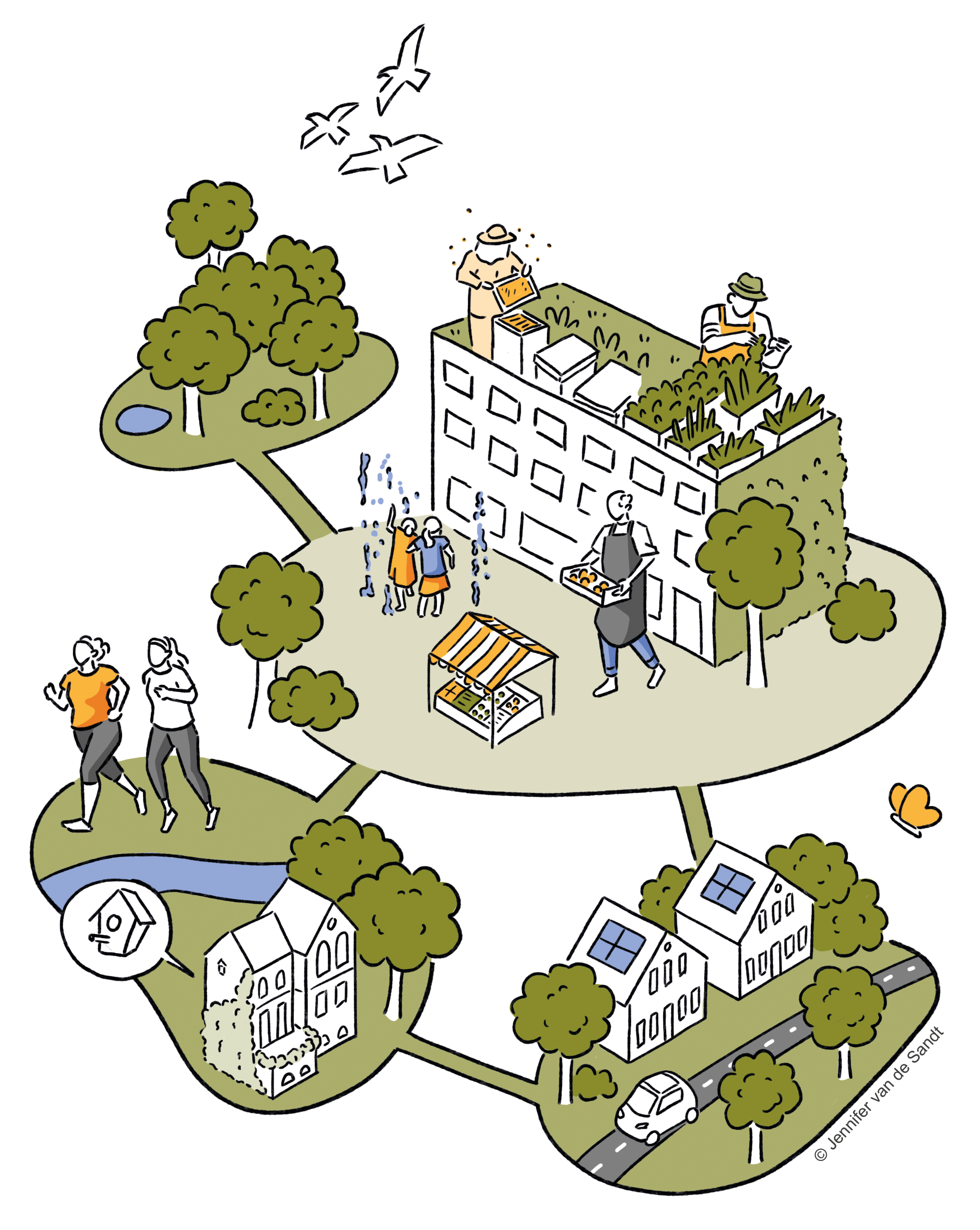 Illustration zum Thema Grüne Stadtlandschaft mit unterschiedlichen Bildelementen. Illustration: Jennifer van de Sandt 