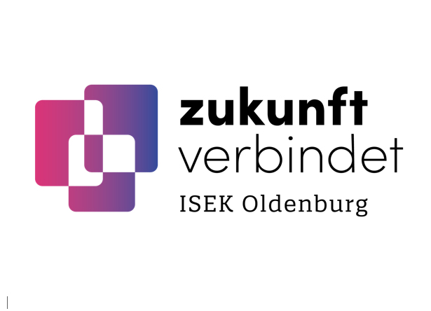 Pink-lilane Grafik mit der Aufschrift „Zukunft verbindet, ISEK Oldenburg“