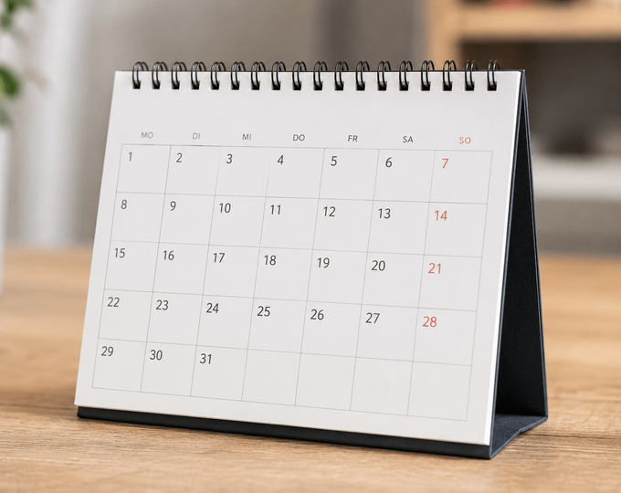 Aufgestellter Tischkalender mit Monatsübersicht auf einem Schreibtisch - KI-gerneriert durch Stadt Oldenburg