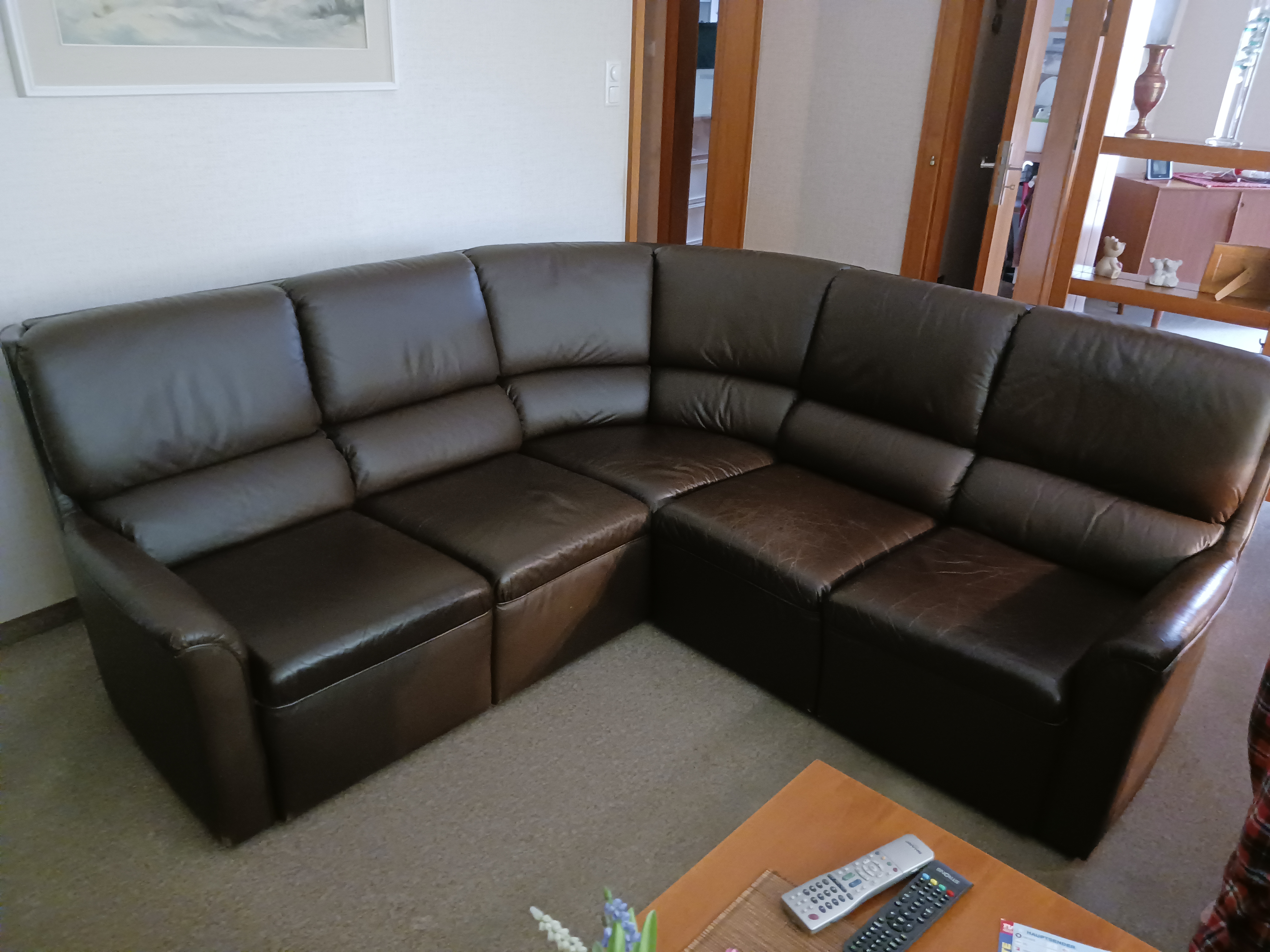 Sofa-Rundecke, Echt-Leder, braun, 3-teilig, Stellmaß ca. 2,10 x 2,10 m